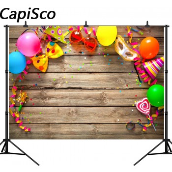 Capisco Colorful Birthday Carnival Party Items On Wooden Pictorial photo Photography Background Computer Printed Vinyl Backdrop