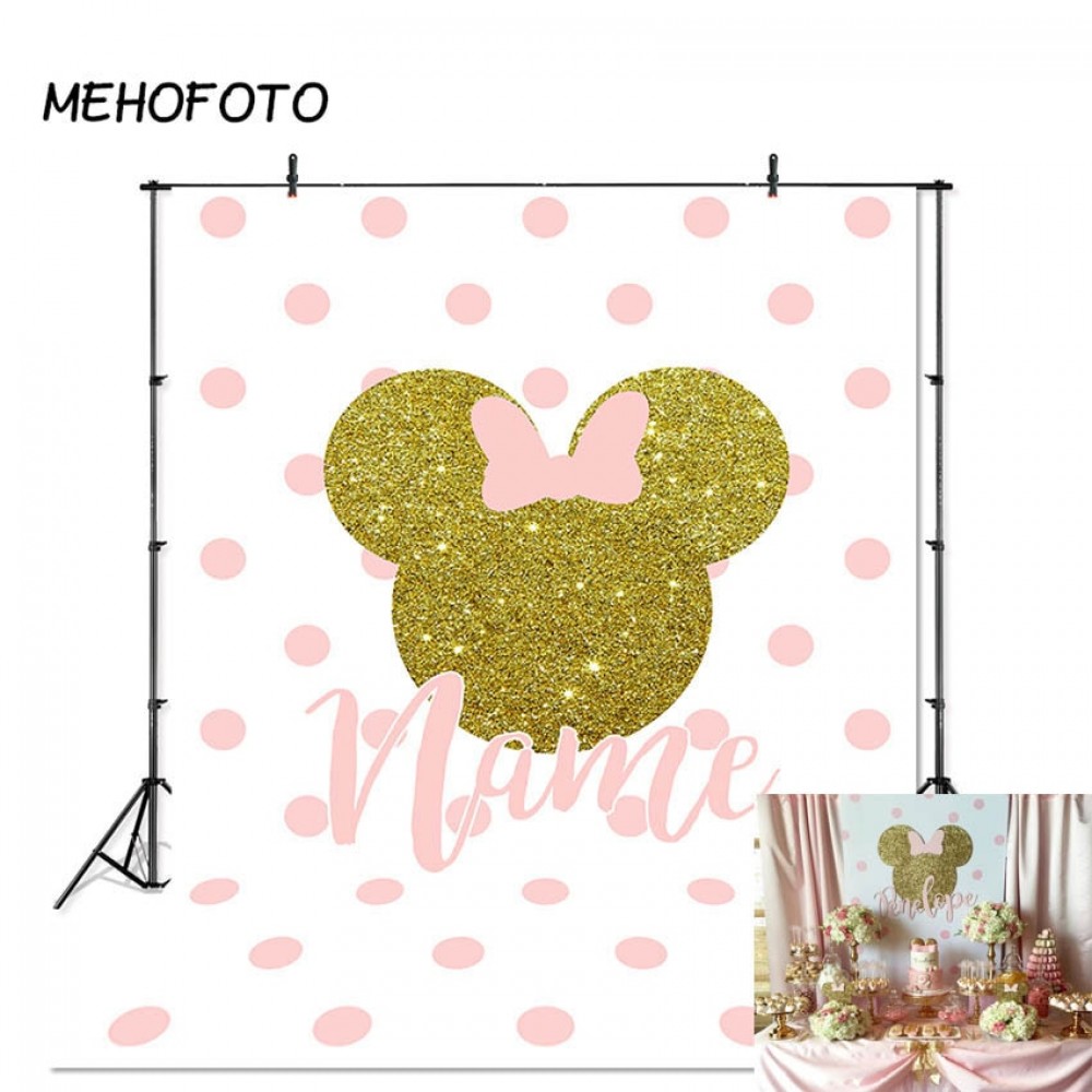 Minnie Mouse Backdrop Baby Birthday Party Banner Photography Background Pink Bow Wave Point Decoration Photobooth Custom