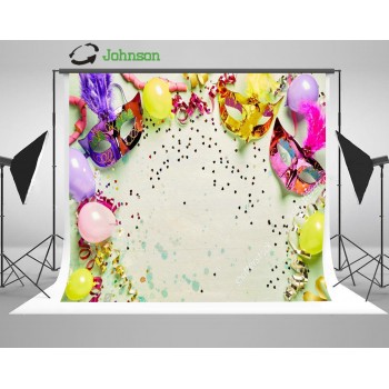 Colorful Metallic Foil Carnival Masks Balloons Light Green backdrop polyester or Vinyl cloth Computer print wall background
