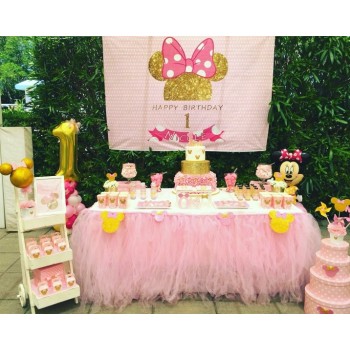 MEHOFOTO Birthday Photography Backdrop Pink Wave Point Minnie Mouse Photo Background Printing Party Backdrop Cake table Decorate