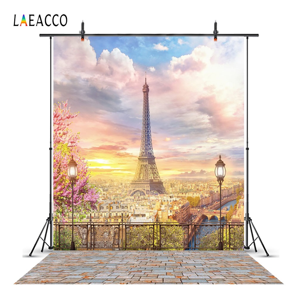 Laeacco Cloudy Eiffel Tower Paris Lanterns View Platform Photography Backgrounds Custom Photographic Backdrops For Photo Studio