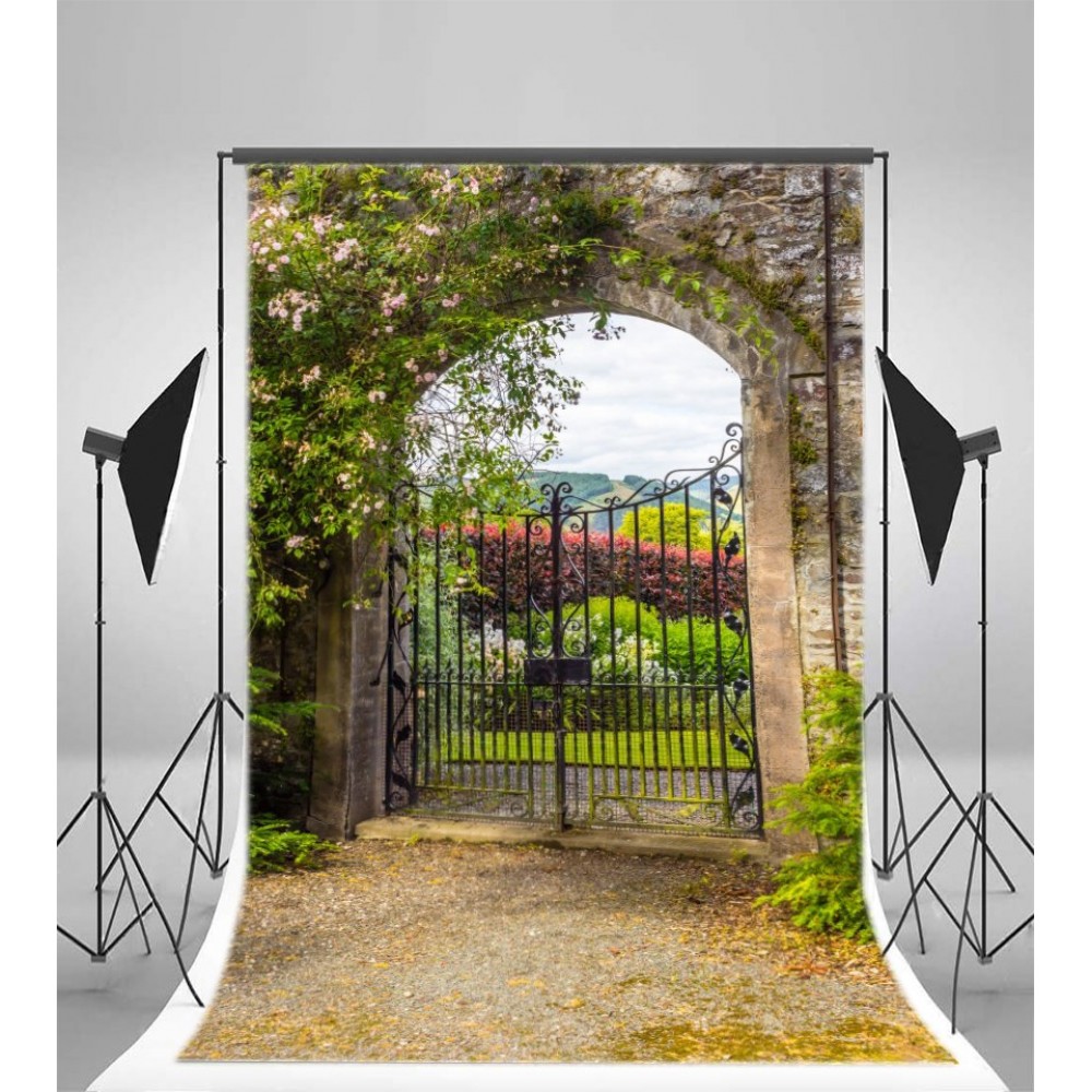 Laeacco Spring Arch Gate Brick Wall Flowers Garden Scenic Photography Backgrounds Girl Photographic Backdrops For Photo Studio