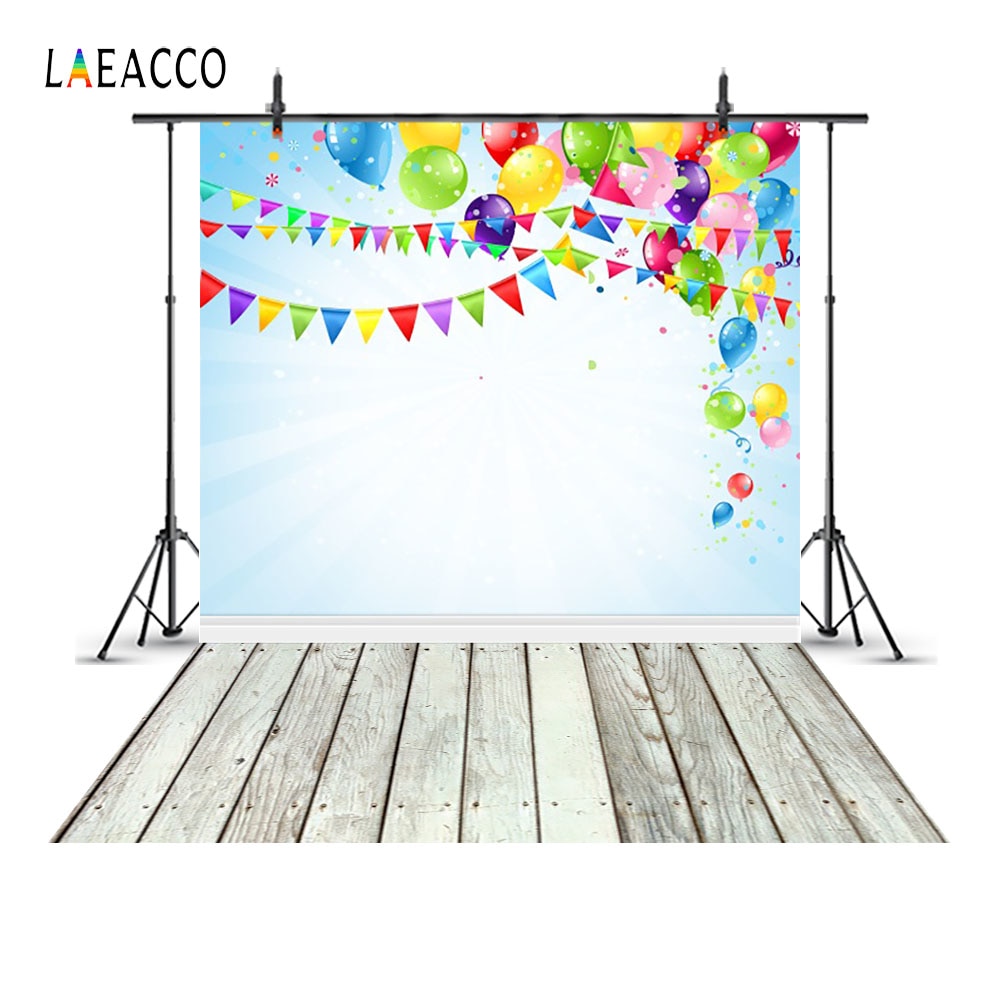 Laeacco Balloons Flags Wooden Floor Birthday Baby Photography Backgrounds Customized Photographic Backdrops For Photo Studio