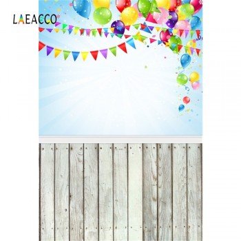 Laeacco Balloons Flags Wooden Floor Birthday Baby Photography Backgrounds Customized Photographic Backdrops For Photo Studio