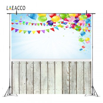 Laeacco Balloons Flags Wooden Floor Birthday Baby Photography Backgrounds Customized Photographic Backdrops For Photo Studio