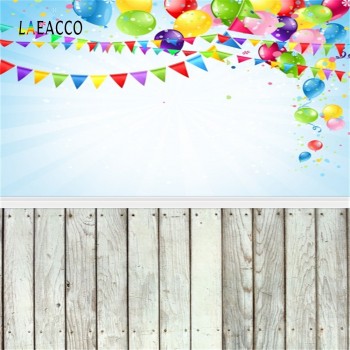 Laeacco Balloons Flags Wooden Floor Birthday Baby Photography Backgrounds Customized Photographic Backdrops For Photo Studio