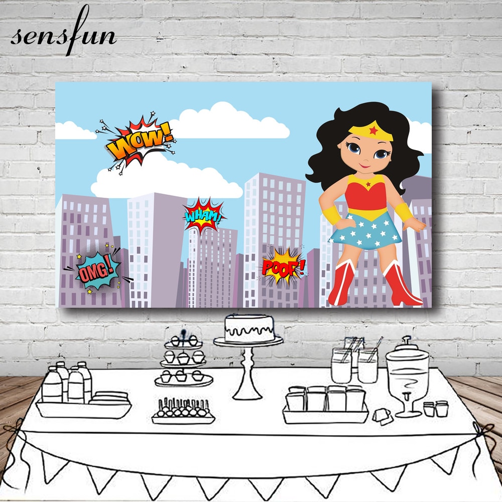 Sky Blue Clouds Building Wonder Women Photography Backdrop Girls Birthday Party Backgrounds For Photo Studio 7x5FT Vinyl