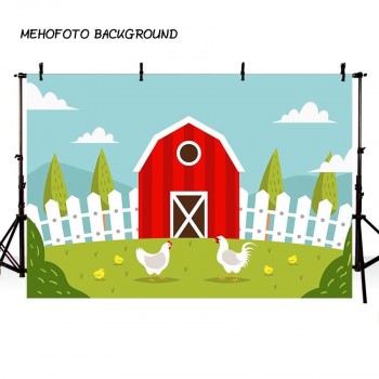 Farm theme photography backdrop Red Barn Barnyard Tractor Balloons Animals Fence Garden Custom Photo Studio Background Banner