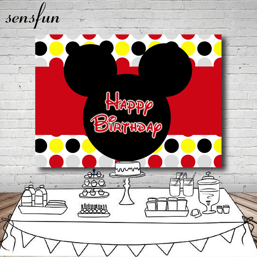 Sensfun Mickey Photography Backdrop Red Yellow Black Silver Polka Dots Boys Girls Happy Birthday Party Backgrounds 7x5FT