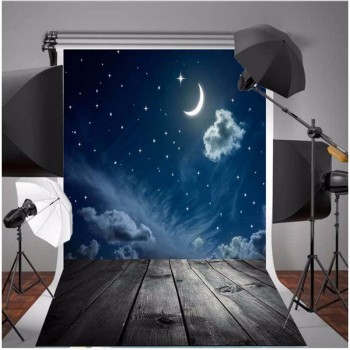 5X7ft Vinyl Photography Background moon and wooden floor Starry sky night scene Children Backdrops for photo studio F-2748