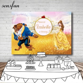 Princess Beauty And The Beast Birthday Party Photography Backdrop Gold Glitter Children Backgrounds For Photo Studio 7x5FT