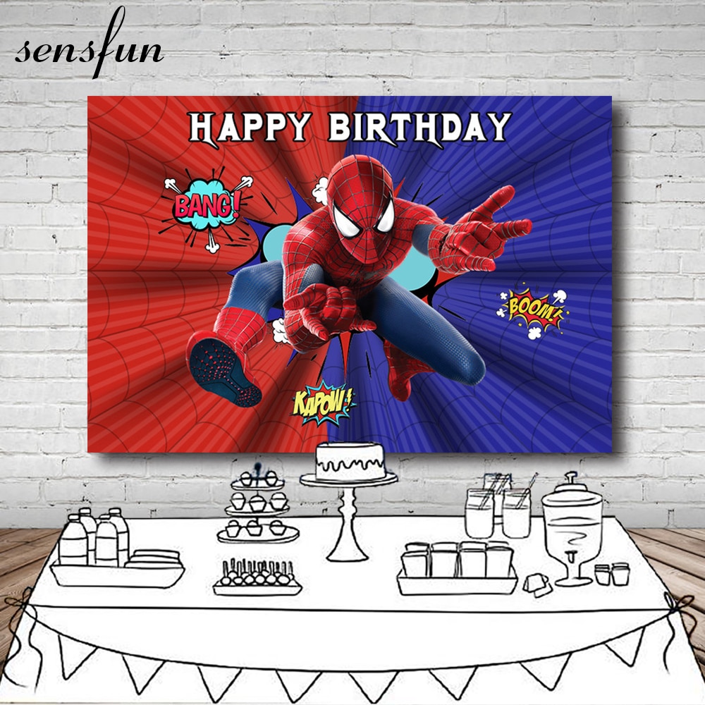 Sensfun Superhero Spiderman Birthday Party Backdrop Red And Blue Boom Boys Photography Backgrounds For Photo Studio 7x5FT Vinyl