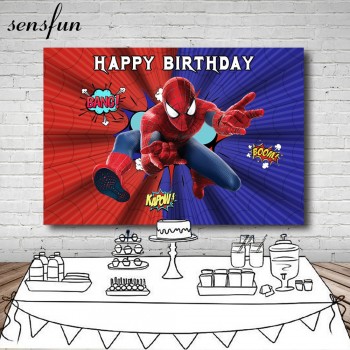 Sensfun Superhero Spiderman Birthday Party Backdrop Red And Blue Boom Boys Photography Backgrounds For Photo Studio 7x5FT Vinyl