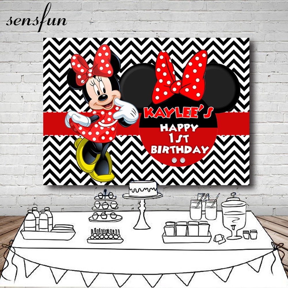 Sensfun Minnie Dance Polka Dots Girls Birthday Party Backdrop Black And White Wave Striped Backgrounds 7x5ft