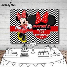 Sensfun Minnie Dance Polka Dots Girls Birthday Party Backdrop Black And White Wave Striped Backgrounds 7x5ft
