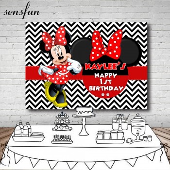 Sensfun Minnie Dance Polka Dots Girls Birthday Party Backdrop Black And White Wave Striped Backgrounds 7x5ft