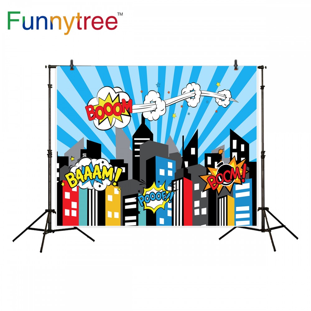 Funnytree photography background blue superhero building cartoon boom for boy birthday backdrop photocall photo studio printed