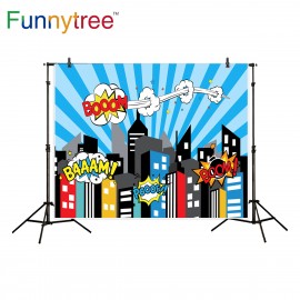 Funnytree photography background blue superhero building cartoon boom for boy birthday backdrop photocall photo studio printed