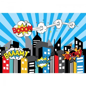 Funnytree photography background blue superhero building cartoon boom for boy birthday backdrop photocall photo studio printed