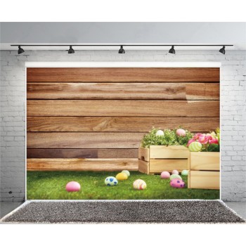 Laeacco Easter Photography Backgrounds Eggs Wooden Boards Grassland Scene Baby Children Photographic Backdrops For Photo Studio