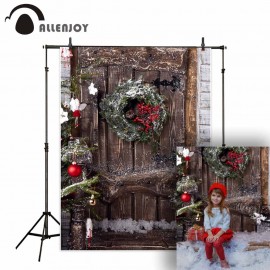 Allenjoy background for photo studio christmas wood door wreath red berries backdrop professional photocall printed