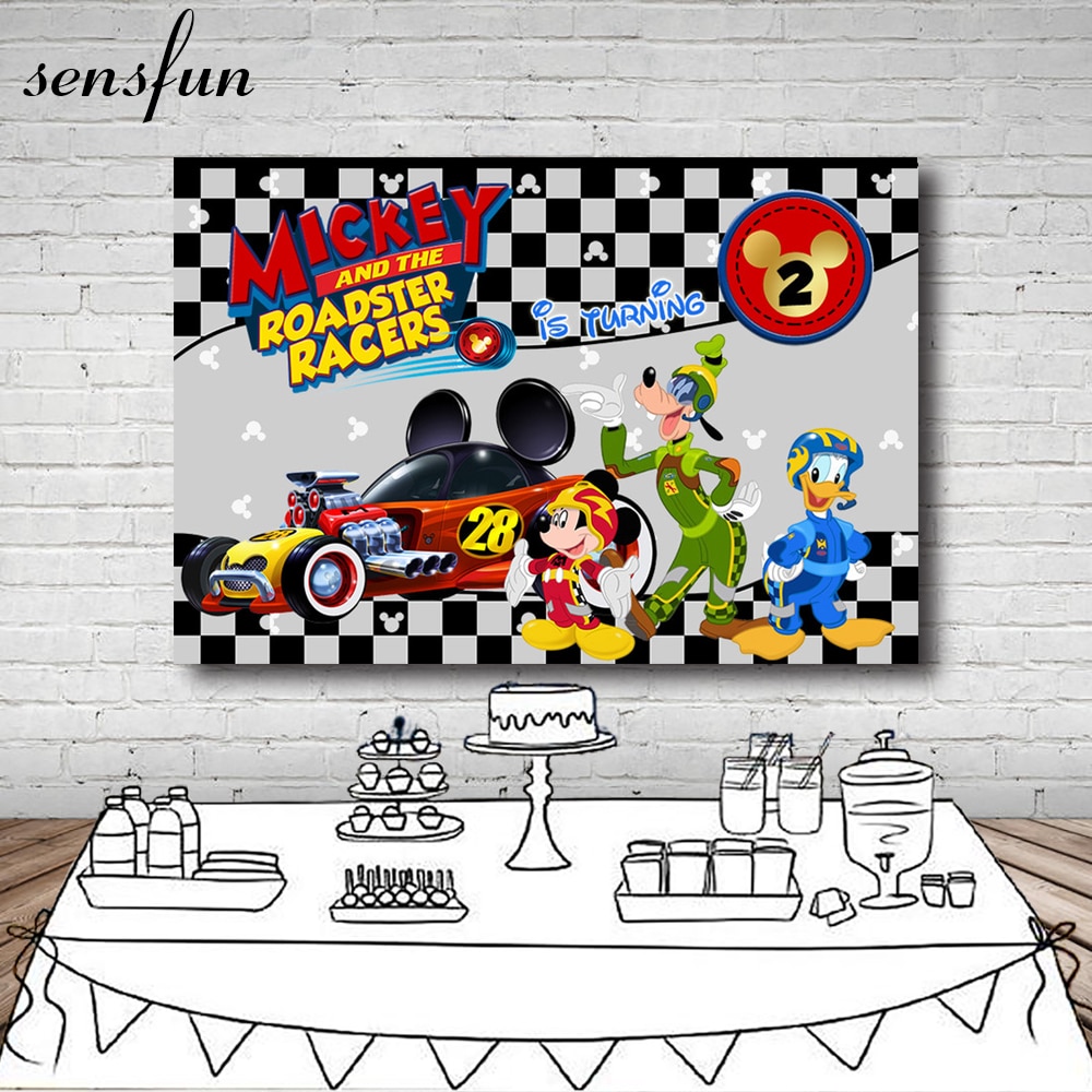 Sensfun Roadster Racers Mickey Photography Backdrop For Boys Black Grey Buffalo Plaid Children Birthday Party Backgrounds Vinyl