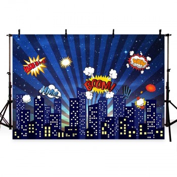 Photography background blue superhero building cartoon boom for boy birthday backdrop photocall Backdrops For Photo Studio