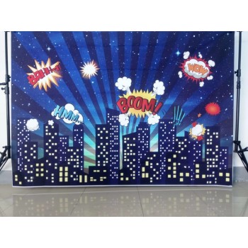Photography background blue superhero building cartoon boom for boy birthday backdrop photocall Backdrops For Photo Studio