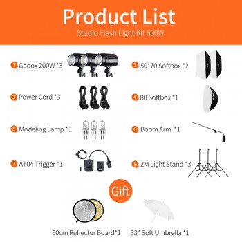 Godox 600Ws Professional Strobe Studio Flash Light Kit 3pcs 200Ws Photography Light + Light Stand + Softbox + Triggers + Gift