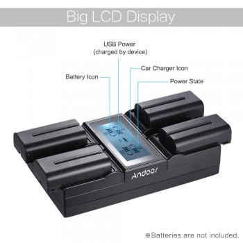 Andoer NP-F970 4-Channel Digital Camera Battery Charger w/ LCD Display  for Sony NP-F550 F750 F950 NP-FM50 FM500H QM71