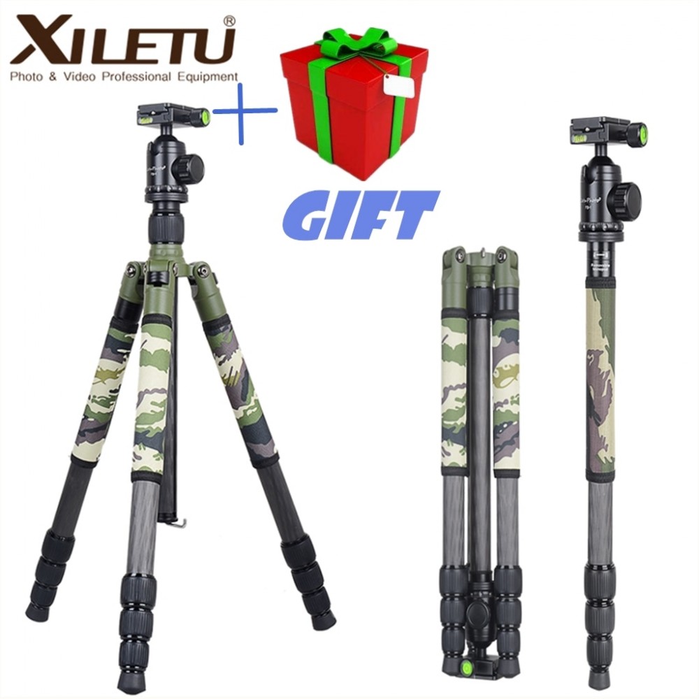 Xiletu T284C+FB1 Green Camouflage Concealed Hidden Carbon Fiber Tripod For Outdoor Travel Hunting Shooting DSLR Digital Camera
