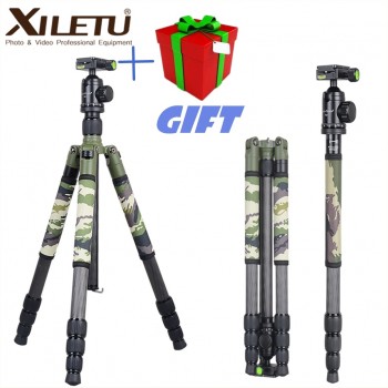 Xiletu T284C+FB1 Green Camouflage Concealed Hidden Carbon Fiber Tripod For Outdoor Travel Hunting Shooting DSLR Digital Camera