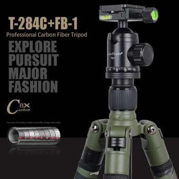Xiletu T284C+FB1 Green Camouflage Concealed Hidden Carbon Fiber Tripod For Outdoor Travel Hunting Shooting DSLR Digital Camera