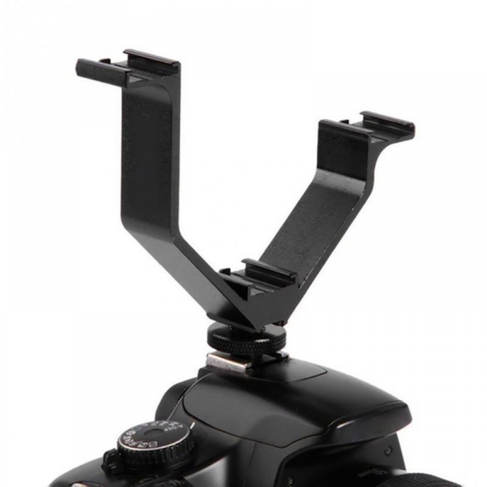 Camera DSLR Triple Mount Bracket Hot Shoe V-shape Mount Bracket for LED Video Lights Microphones - Black Color