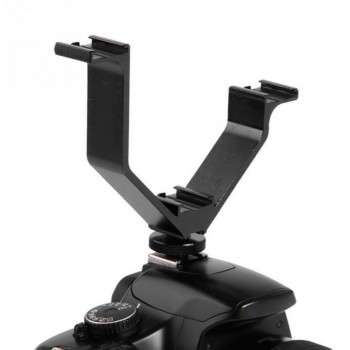 Camera DSLR Triple Mount Bracket Hot Shoe V-shape Mount Bracket for LED Video Lights Microphones - Black Color