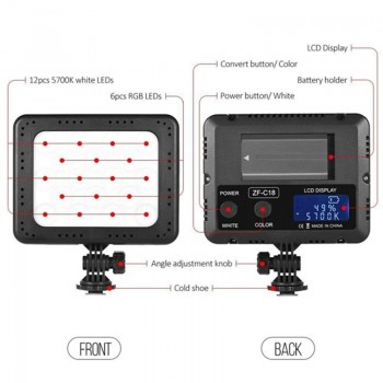 ZIFON ZF-C18 LED Video Light Fill Light 5700k 120 Degree Camera Adjustable Lamp