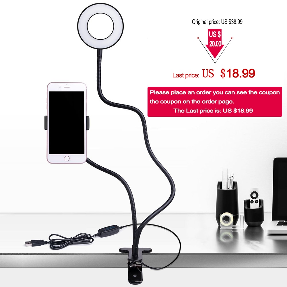 Cell Phone Holder with Selfie Ring Light for Live Stream, Flexible Mobile Phone Clip Holder Lazy Bracket Desk Lamp LED Light