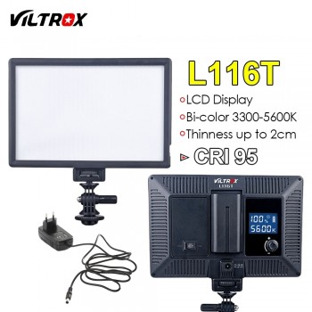 Viltrox L116T Camera LED video light LCD Display Bi-Color amp; Dimmable Slim DSLR + AC power Adapter for Canon Nikon DV Camcorder