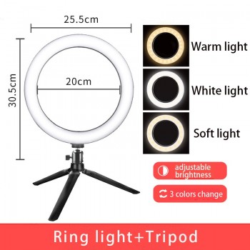 10 25CM Photography LED Selfie Ring Light three-speed cold and warm stepless Lighting Dimmable with USB Plug Lampamp;Tripod Stand
