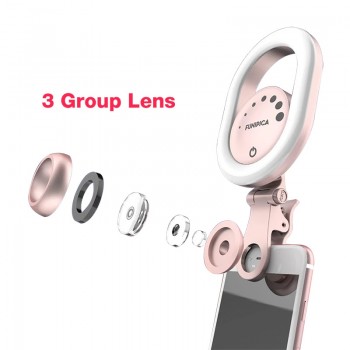 Dimmable 3 in 1 Phone Wide Angle Macro Lens LED Selife Light with Travel Case for iPhone Xs Max X Samsung S8 S9 Huawei P20 Pro