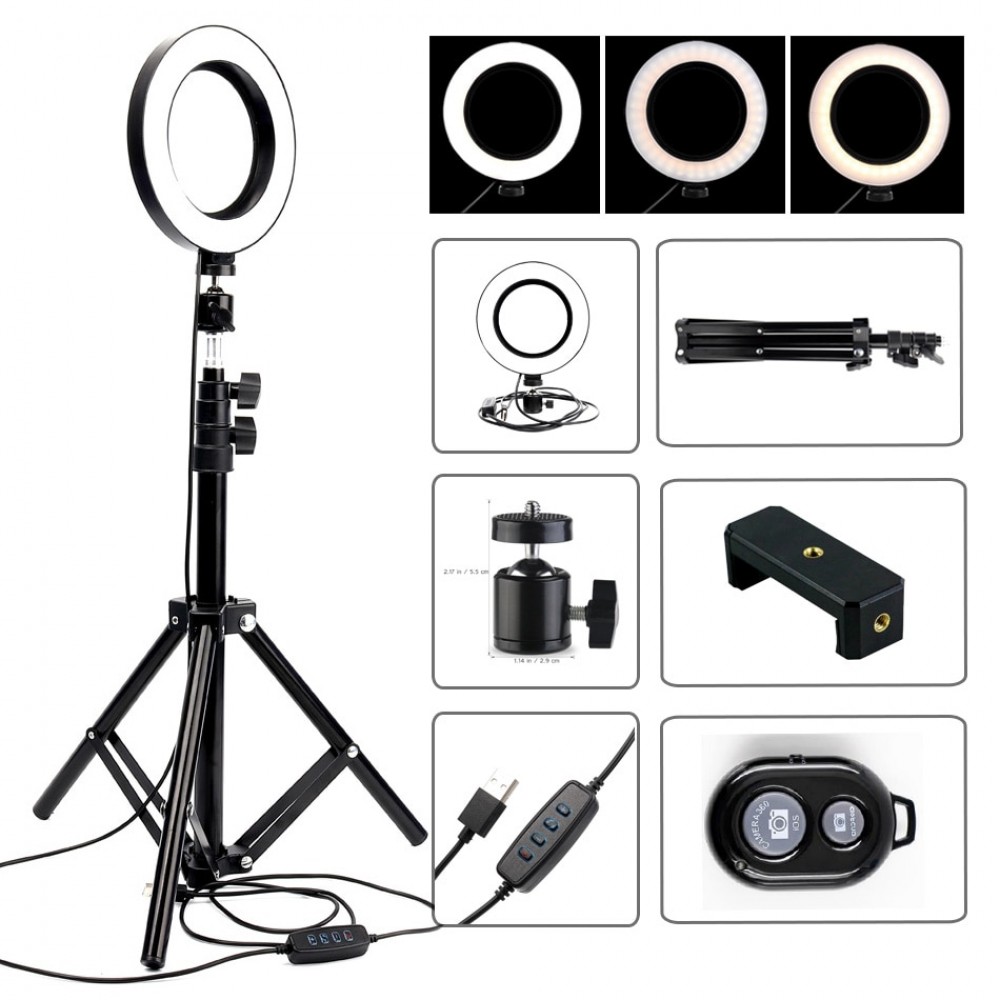LED Ring Light 6 16cm 3200-5600K 64 LEDs Selfie Ring Lamp Photographic Lighting With 1.2m-1.7m Tripod Phone Holder Photo Studio