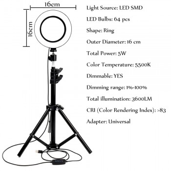 LED Ring Light 6 16cm 3200-5600K 64 LEDs Selfie Ring Lamp Photographic Lighting With 1.2m-1.7m Tripod Phone Holder Photo Studio