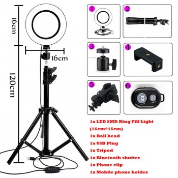 LED Ring Light 6 16cm 3200-5600K 64 LEDs Selfie Ring Lamp Photographic Lighting With 1.2m-1.7m Tripod Phone Holder Photo Studio