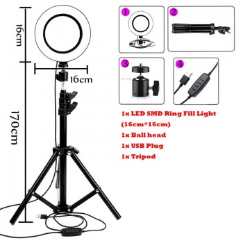 LED Ring Light 6 16cm 3200-5600K 64 LEDs Selfie Ring Lamp Photographic Lighting With 1.2m-1.7m Tripod Phone Holder Photo Studio