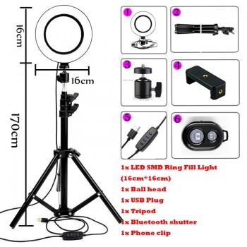 LED Ring Light 6 16cm 3200-5600K 64 LEDs Selfie Ring Lamp Photographic Lighting With 1.2m-1.7m Tripod Phone Holder Photo Studio