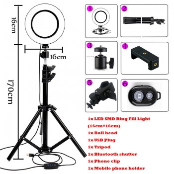 LED Ring Light 6 16cm 3200-5600K 64 LEDs Selfie Ring Lamp Photographic Lighting With 1.2m-1.7m Tripod Phone Holder Photo Studio
