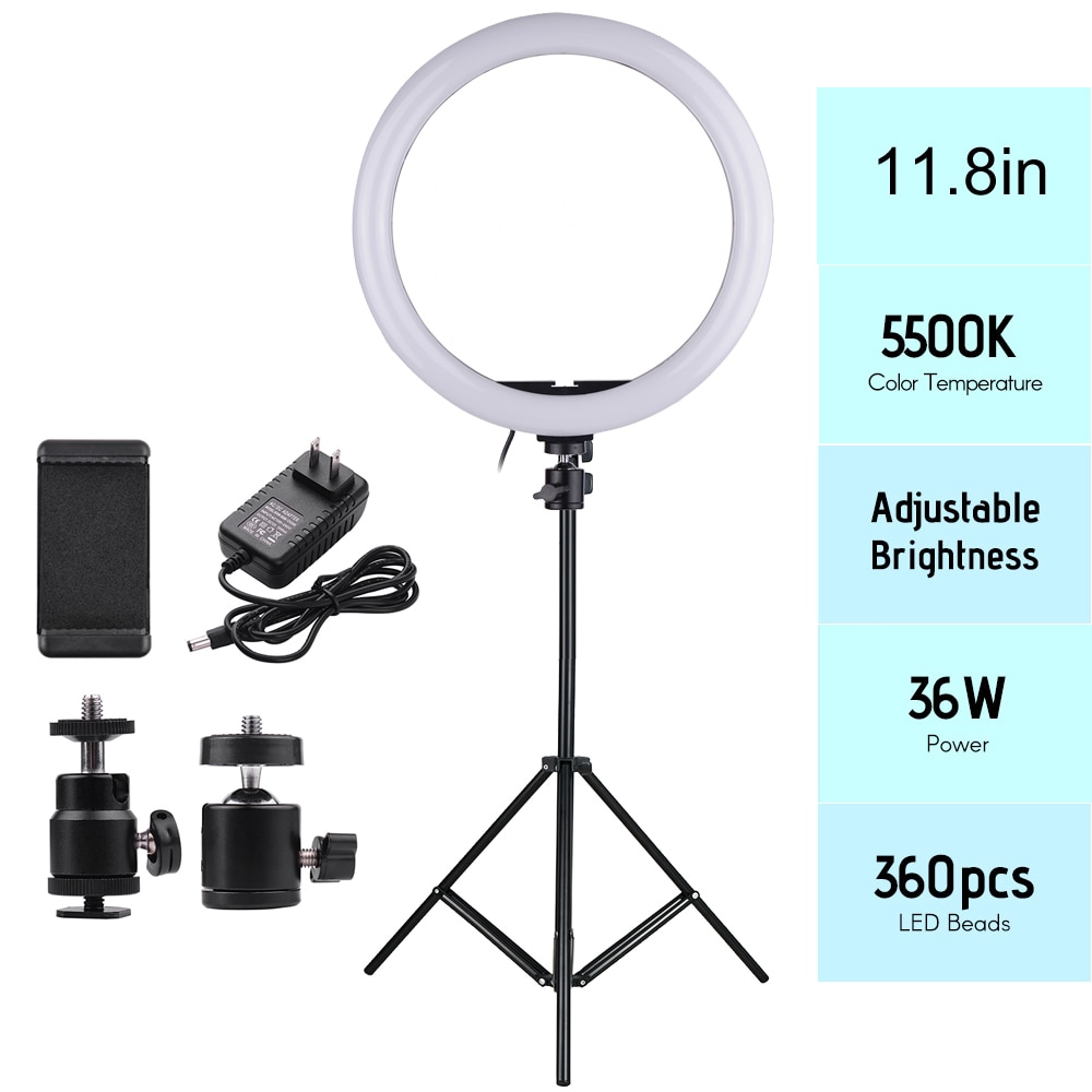 24W 11.8in 2700-5500K180pcs LED Video Ring Light Fill-in Lamp Dimmable + Phone Holder 2pcs Ball Heads for Photography lighting
