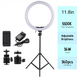 24W 11.8in 2700-5500K180pcs LED Video Ring Light Fill-in Lamp Dimmable + Phone Holder 2pcs Ball Heads for Photography lighting