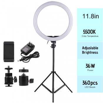 24W 11.8in 2700-5500K180pcs LED Video Ring Light Fill-in Lamp Dimmable + Phone Holder 2pcs Ball Heads for Photography lighting