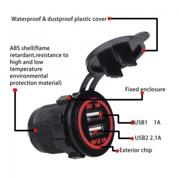 Rovtop Universal Car Charger USB Vehicle DC12V-24V Waterproof Dual USB Charger 2 Port Power Socket 5V For Iphone Samsung Z2